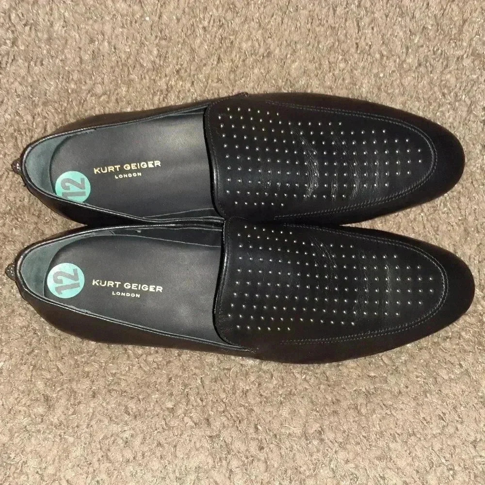 KURT GEIGER-Black Leather-Palermo Silver Studded Venetian Loafers-Sz 45/12-NWOB